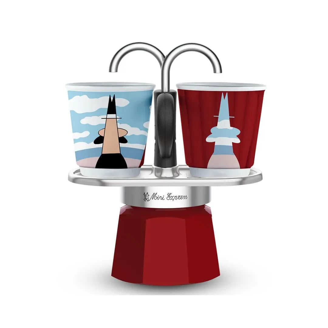 Bialetti Mini Express Magritte, Coffee Maker + 2 shot glasses, 2-Cups, Aluminum
