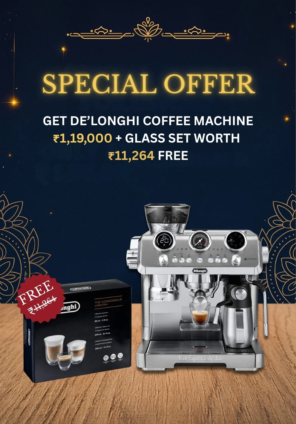 Luxury Combo Pack of 2 - De’Longhi EC9885M Espresso Machine and Connoisseur Glass Set (6 pcs)