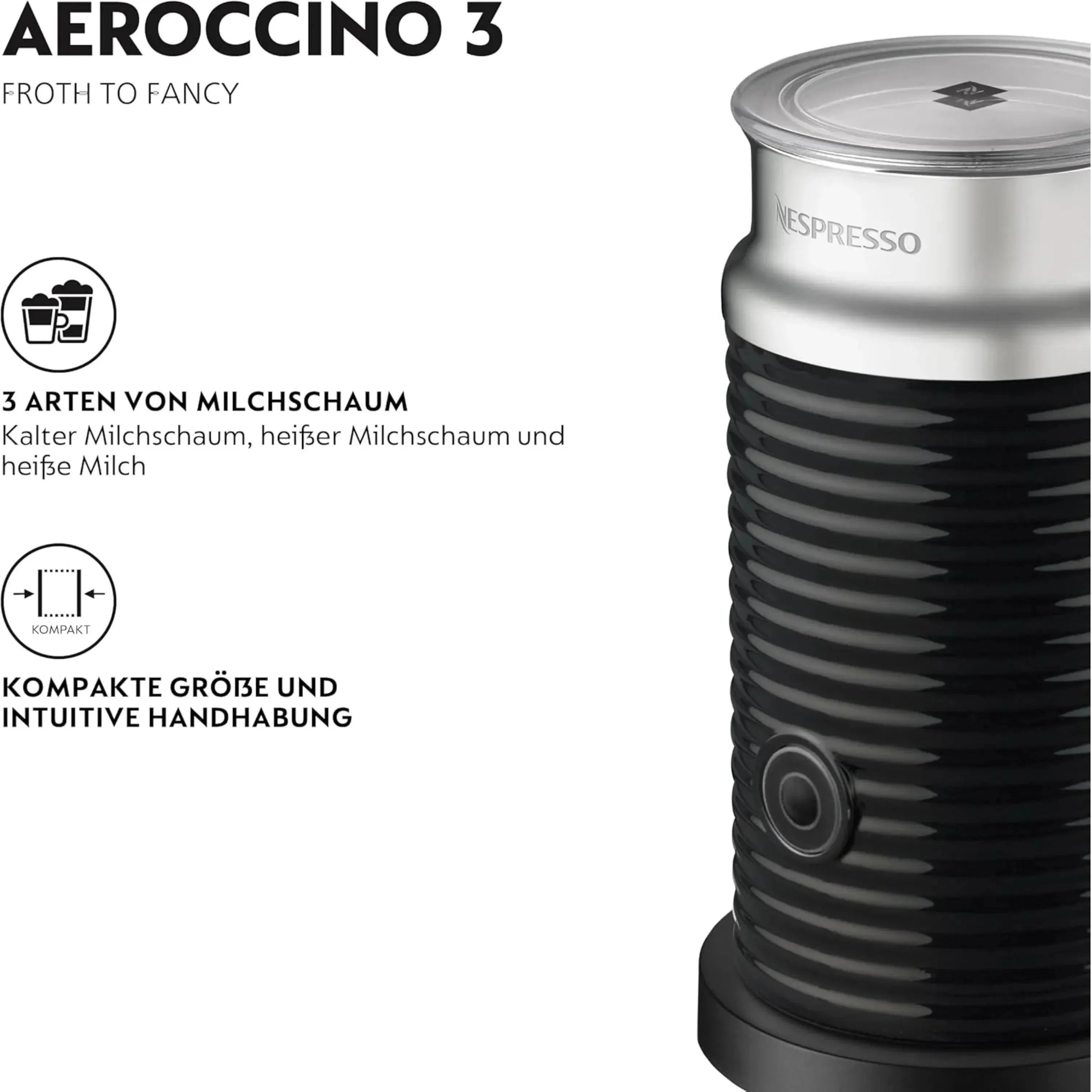 Nespresso Aeroccino 3 Milk Frother Black - Complete Standalone Unit