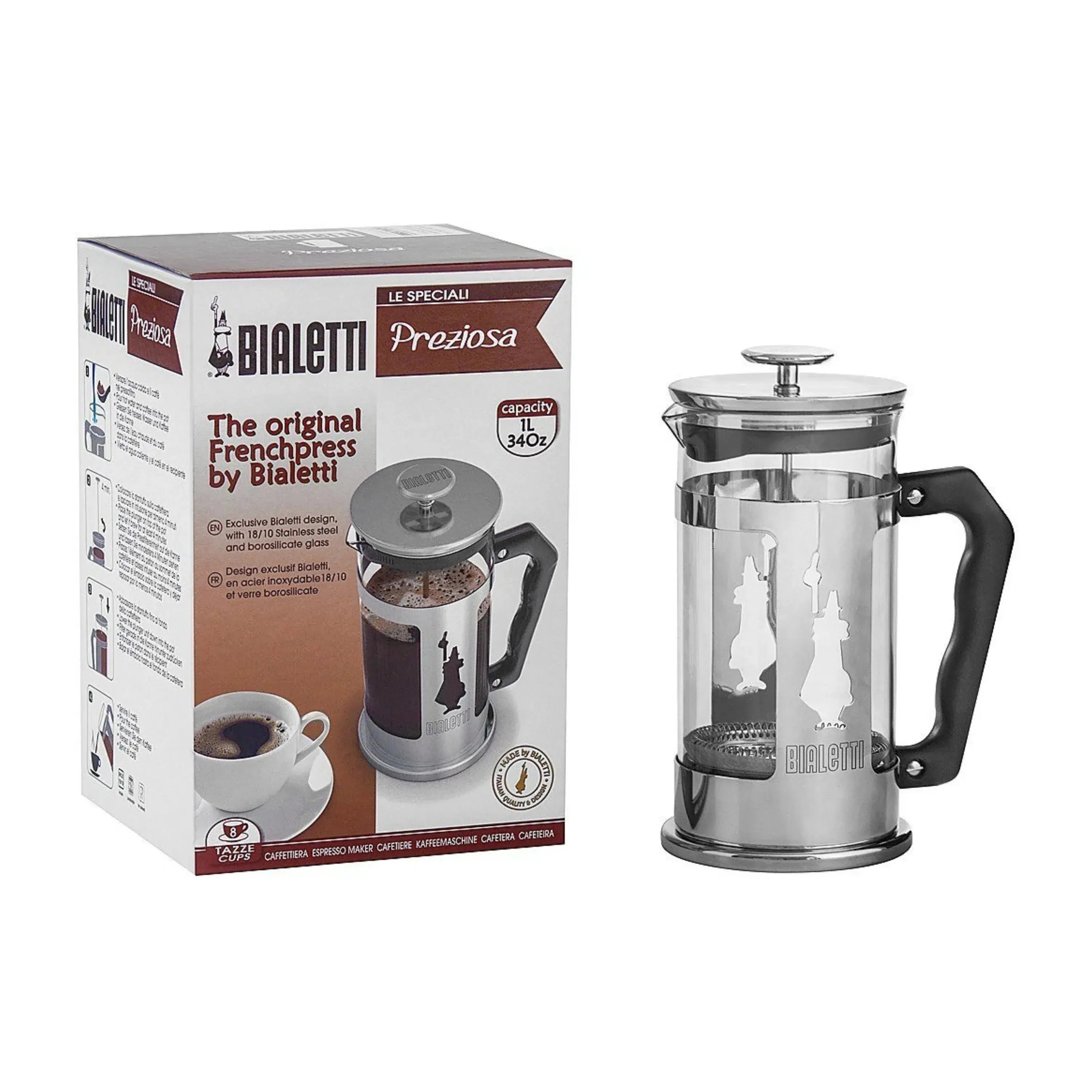 Bialetti Preziosa French Press Coffee Maker, Stainless Steel, Silver